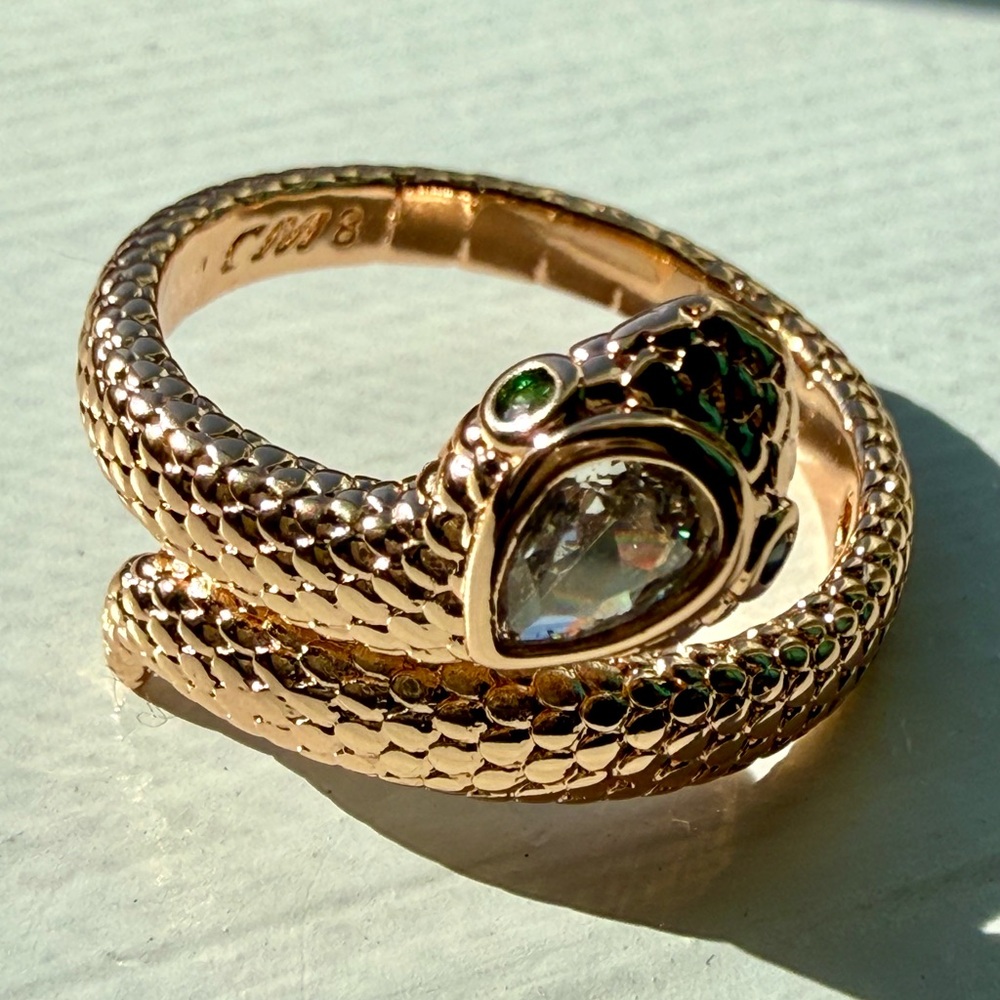 NEW!Pretty Bird Rose Gold Snake Wrap Ring with Clear Teardrop Stone & Green Eyes